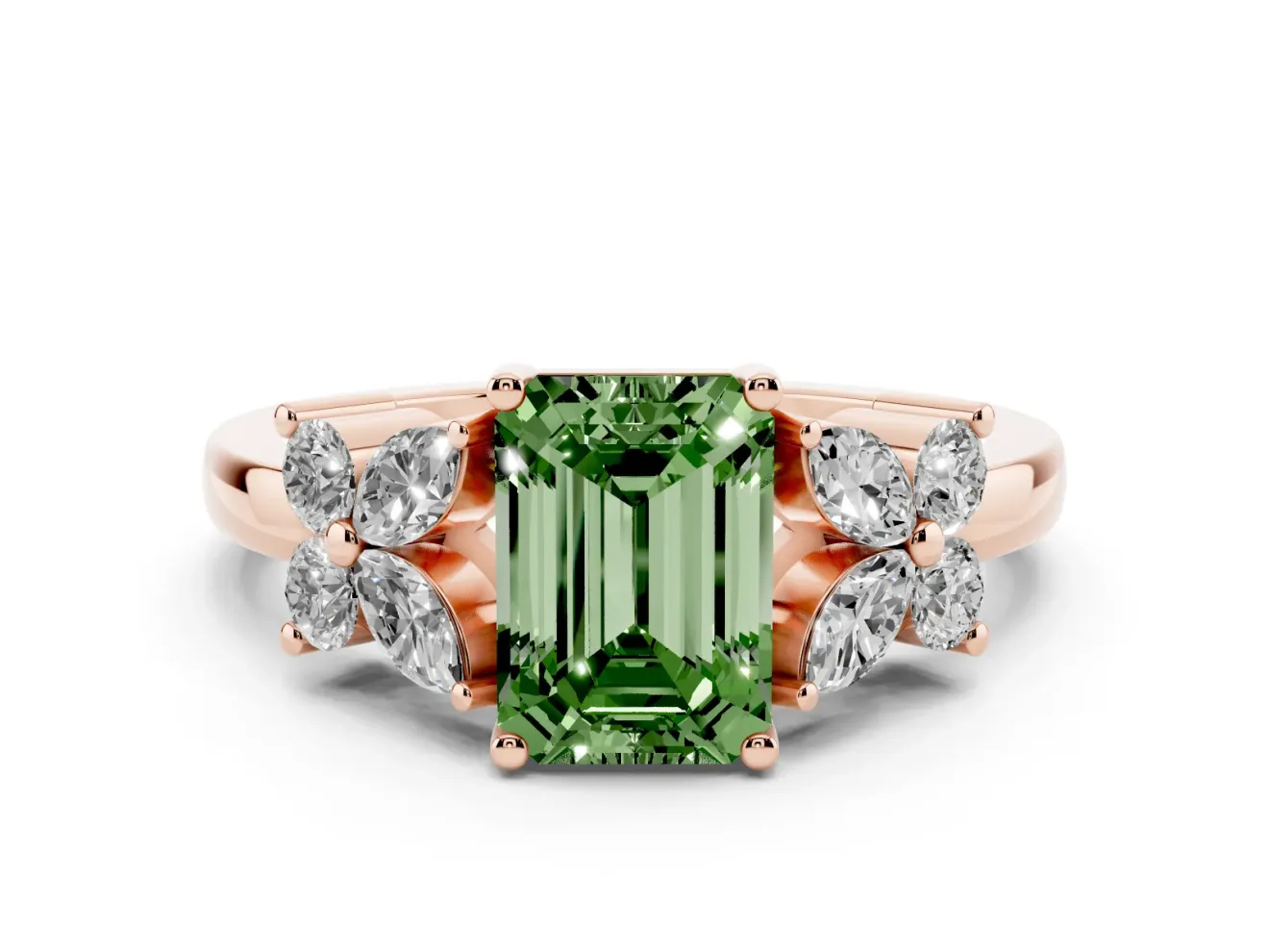 Fancy Green Emerald Cut Diamond Floral Cluster Ring Set in Rose gold with Marquise Petals and Prong Setting