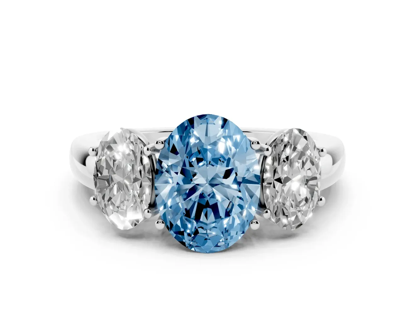 Fancy Blue Oval Cut Diamond Three-Stone Ring Set in Silver with Bold Center and Classic Band