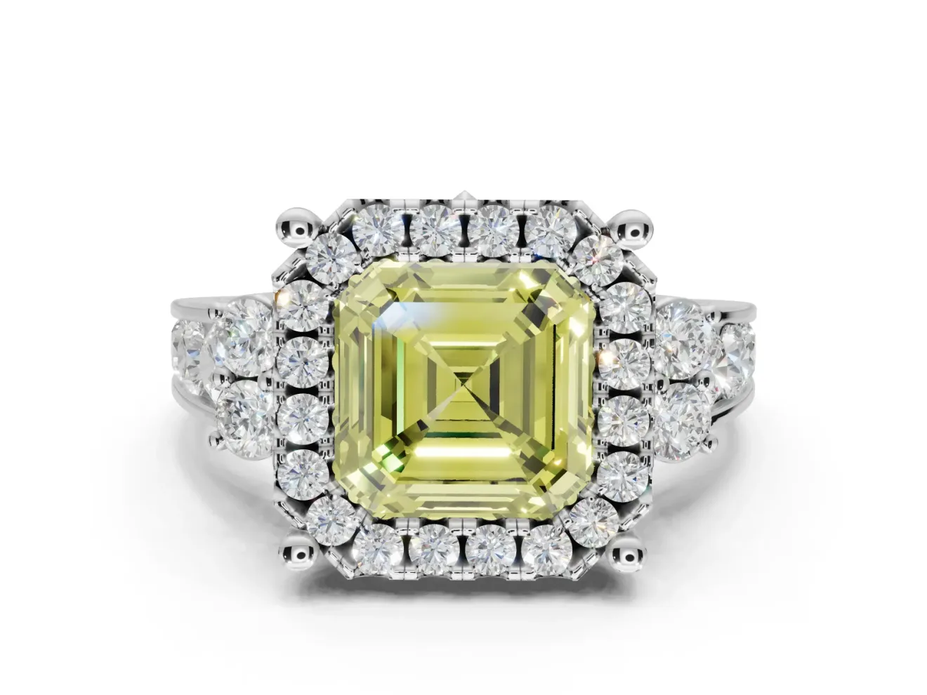 Asscher Cut Halo Engagement Ring Setting for a Fancy Yellow Lab-Grown Diamond | Graduated Channel Band | Platinum
