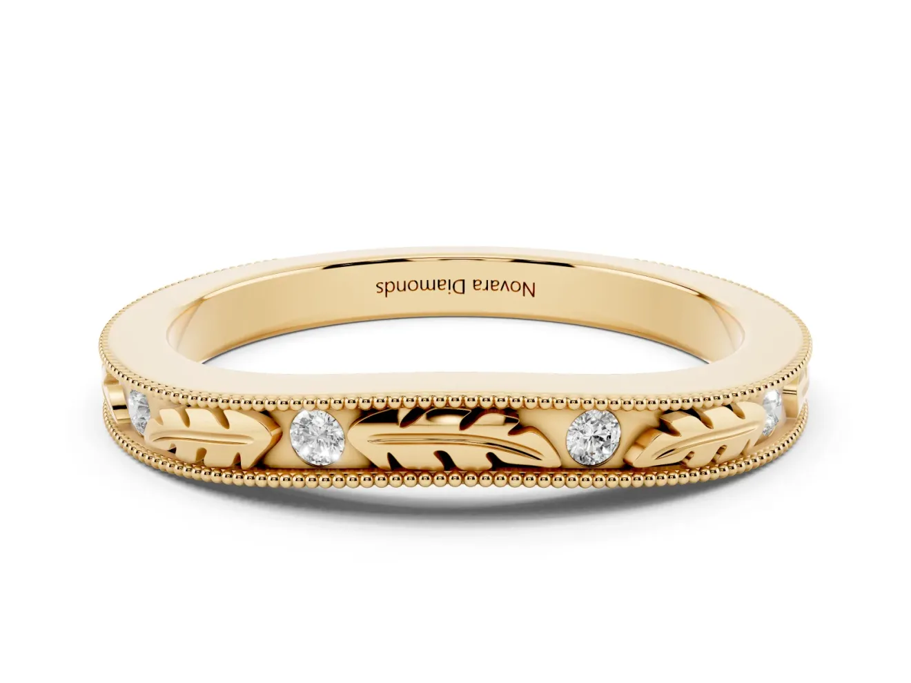 Round Lab-Grown Diamond Bezel Set Leaf Motif Wedding Band | Milgrain Edges | Yellow Gold