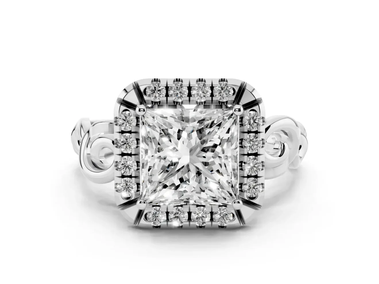 Princess Cut Diamond Halo Ring Set in Platinum with Scrollwork Band and Prong Setting