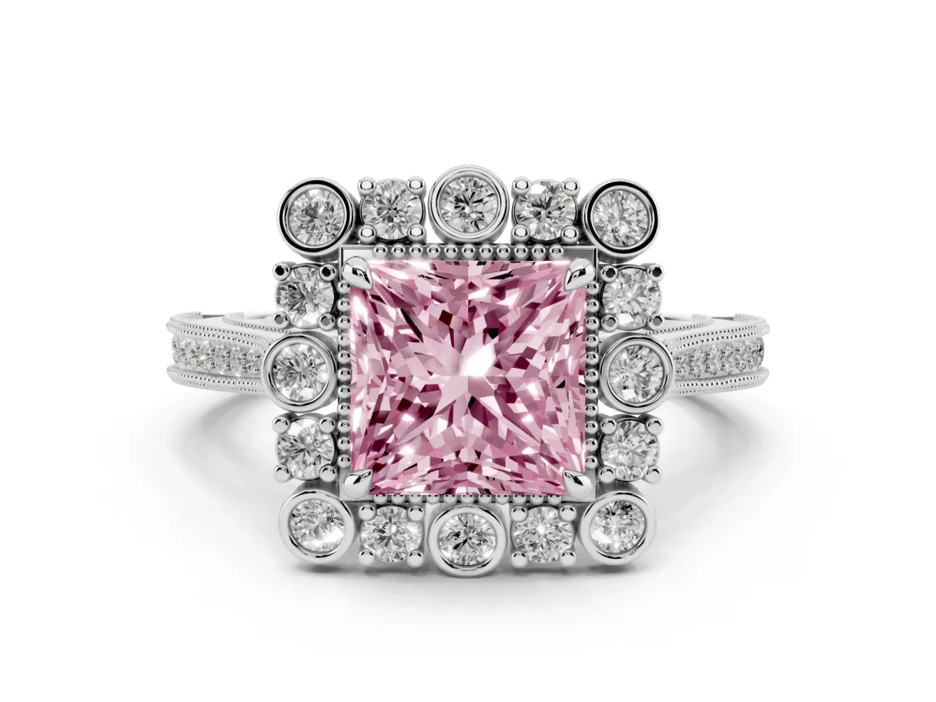 Fancy Pink Princess Cut Diamond Halo Milgrain Pavé Ring Set in Silver with Prong Setting