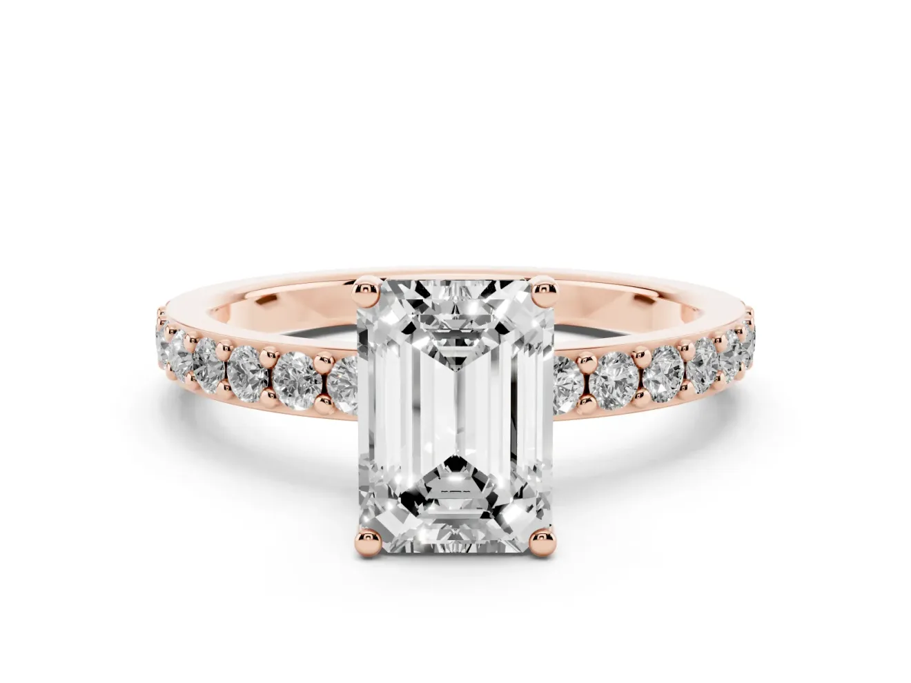 Emerald Cut Pavé Solitaire Engagement Ring Setting | Single Row Band | Rose Gold