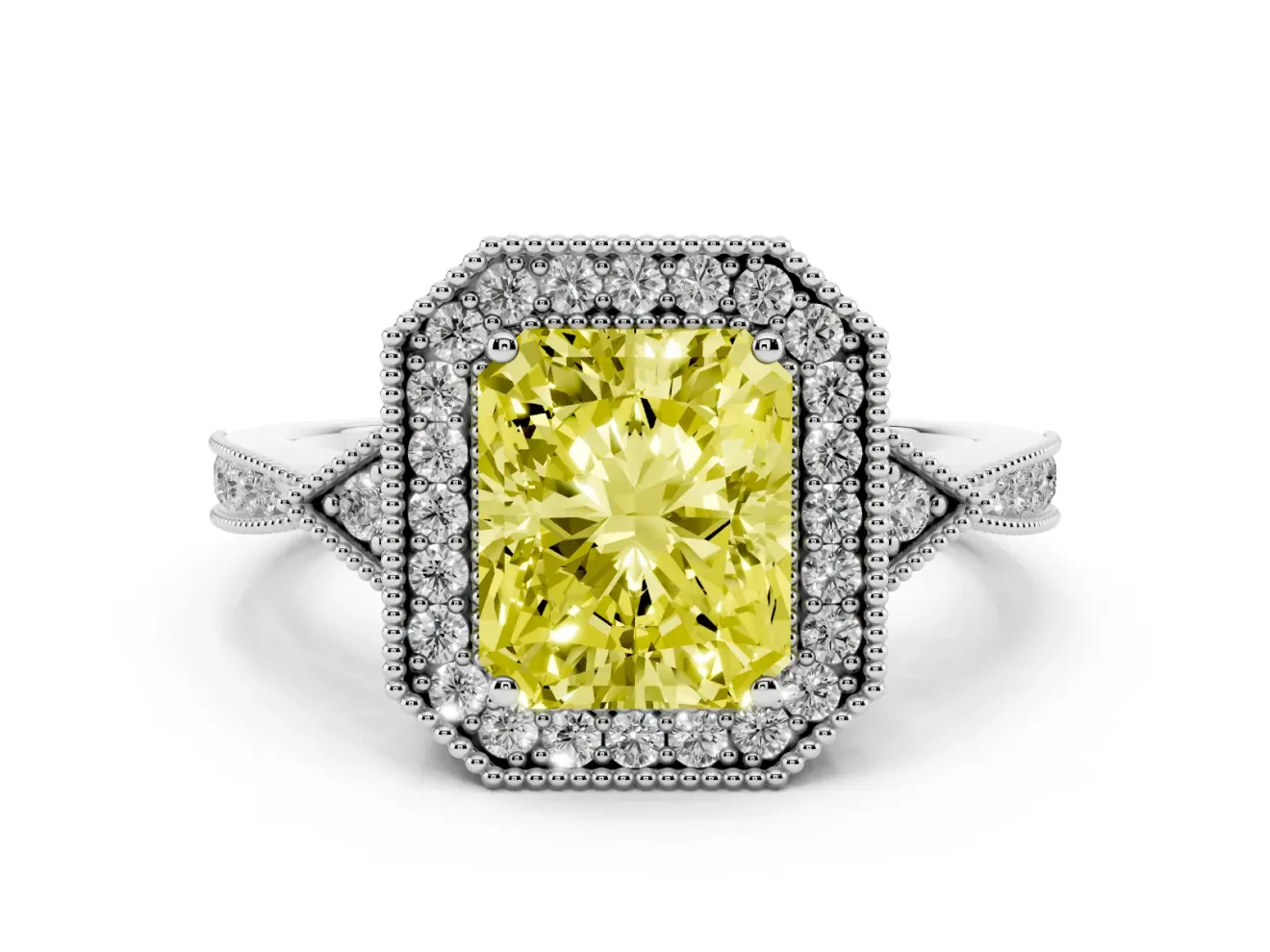 Fancy Yellow Radiant Cut Diamond Halo Engagement Ring Set in White gold with Milgrain Pavé Band