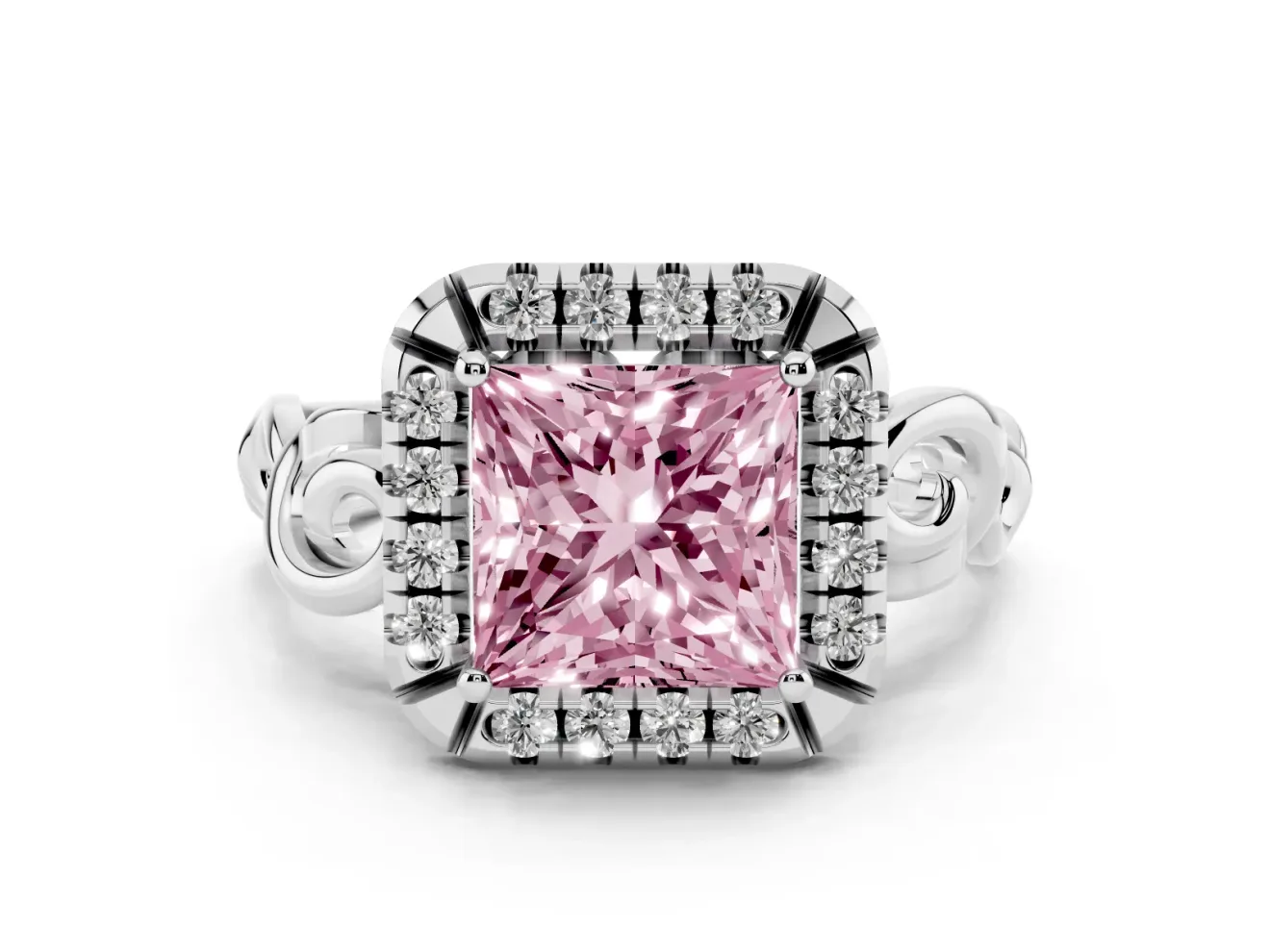 Fancy Pink Princess Cut Diamond Halo Ring Set in White gold with Scrollwork Band and Prong Setting
