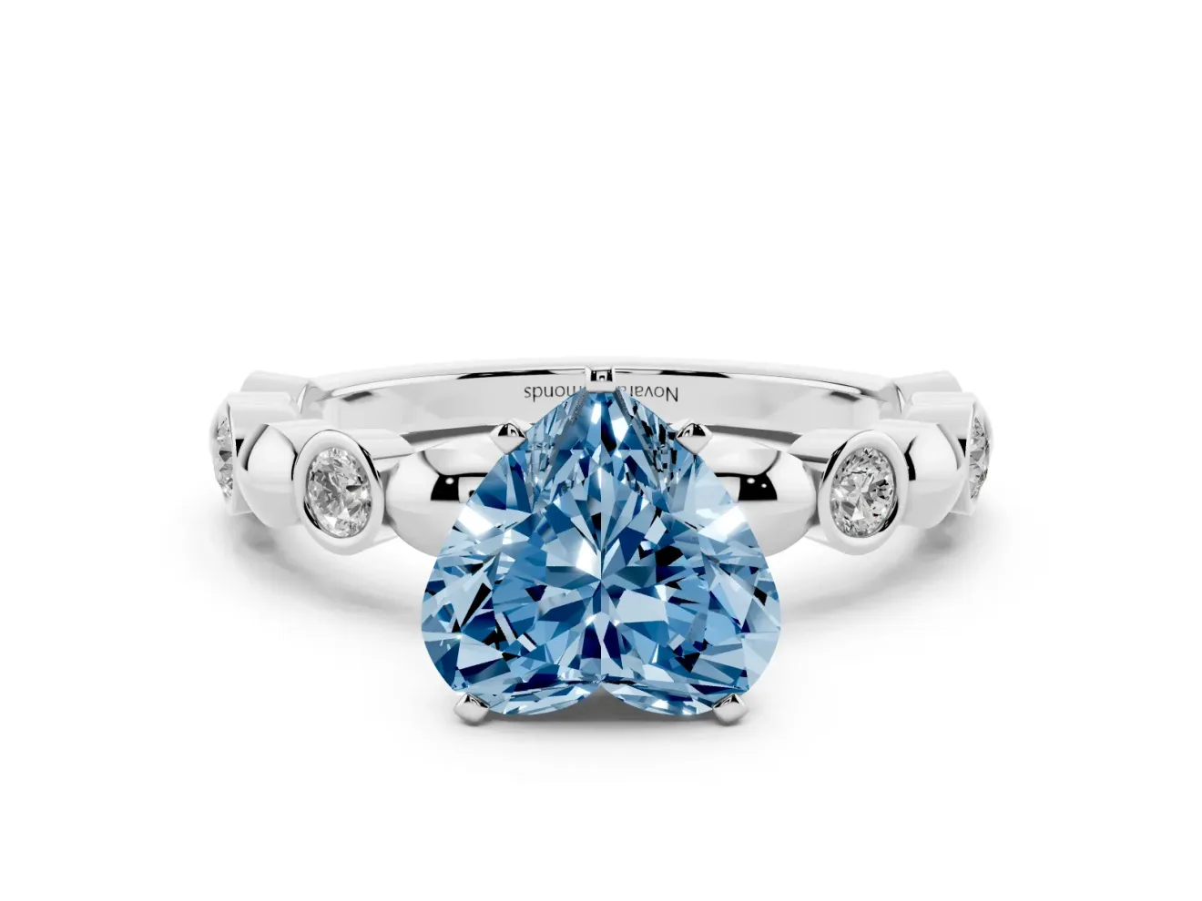 Fancy Blue Heart Cut Diamond Solitaire Ring Set in White gold with Bezel-Set Accents on Beaded Band and Prong Setting