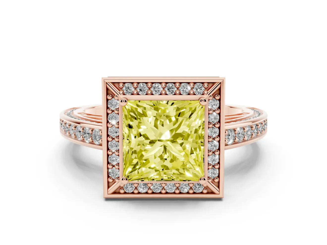 Fancy Yellow Princess Cut Diamond Halo Pavé Split Shank Ring Set in Rose gold with Prong Setting