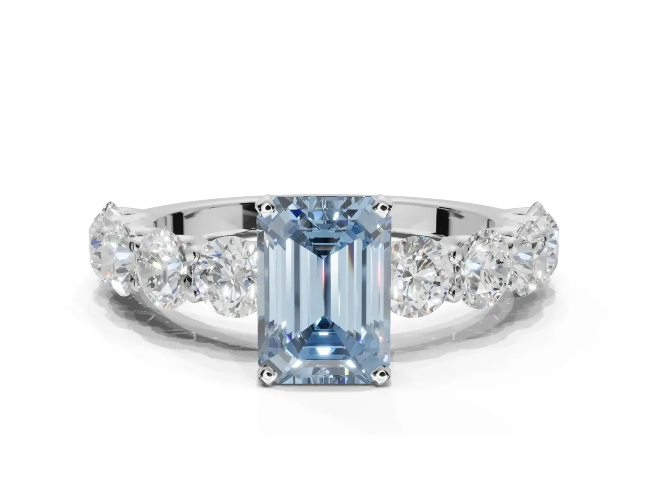 Emerald Cut Side Stone Engagement Ring Setting for a Fancy Blue Lab-Grown Diamond | Scalloped Prong Accents | Platinum