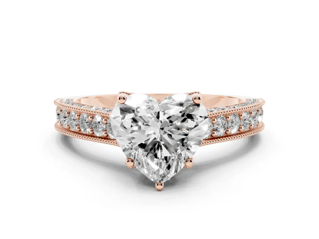 Heart-Shaped Vintage Hidden Halo Engagement Ring Setting | Milgrain Pave Band | Rose Gold