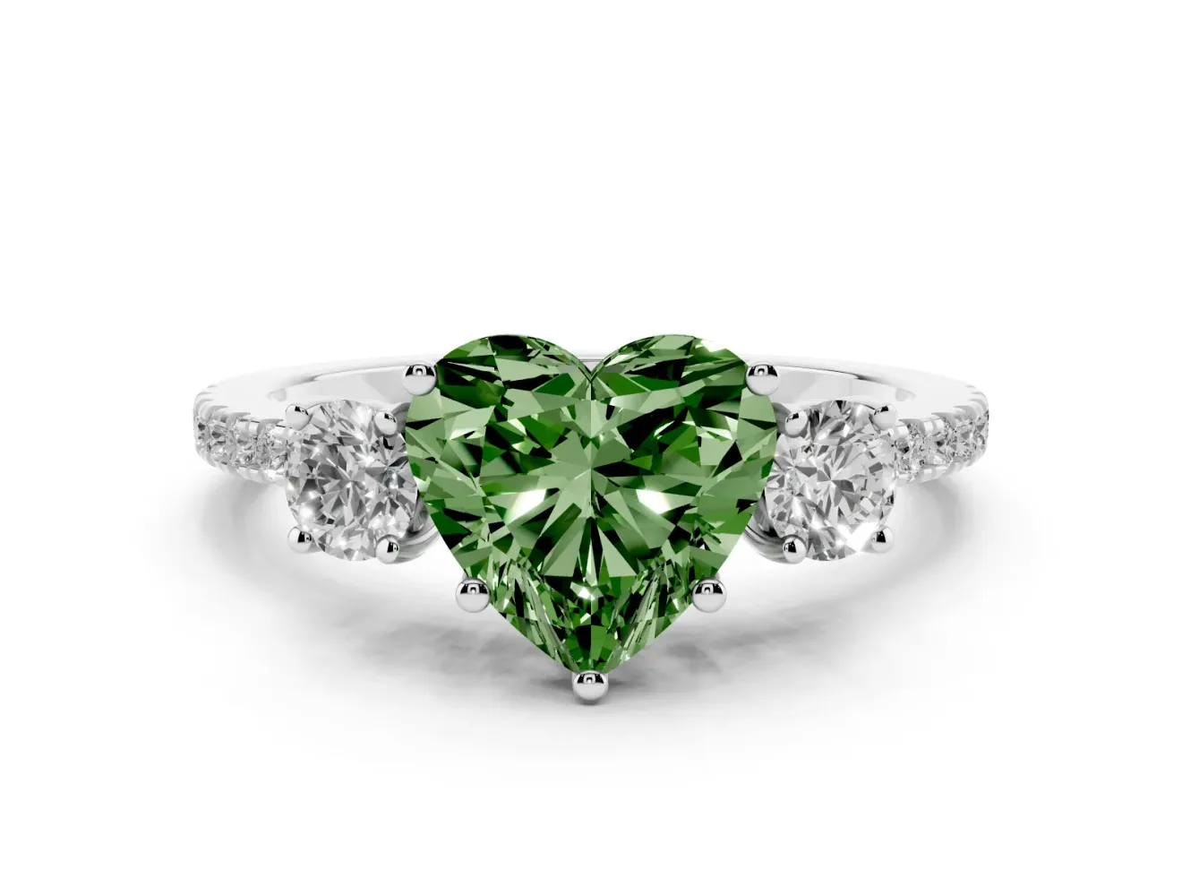 Fancy Green Heart Cut Diamond Three-Stone Ring Set in Platinum with Pavé Band and Graduated Sides