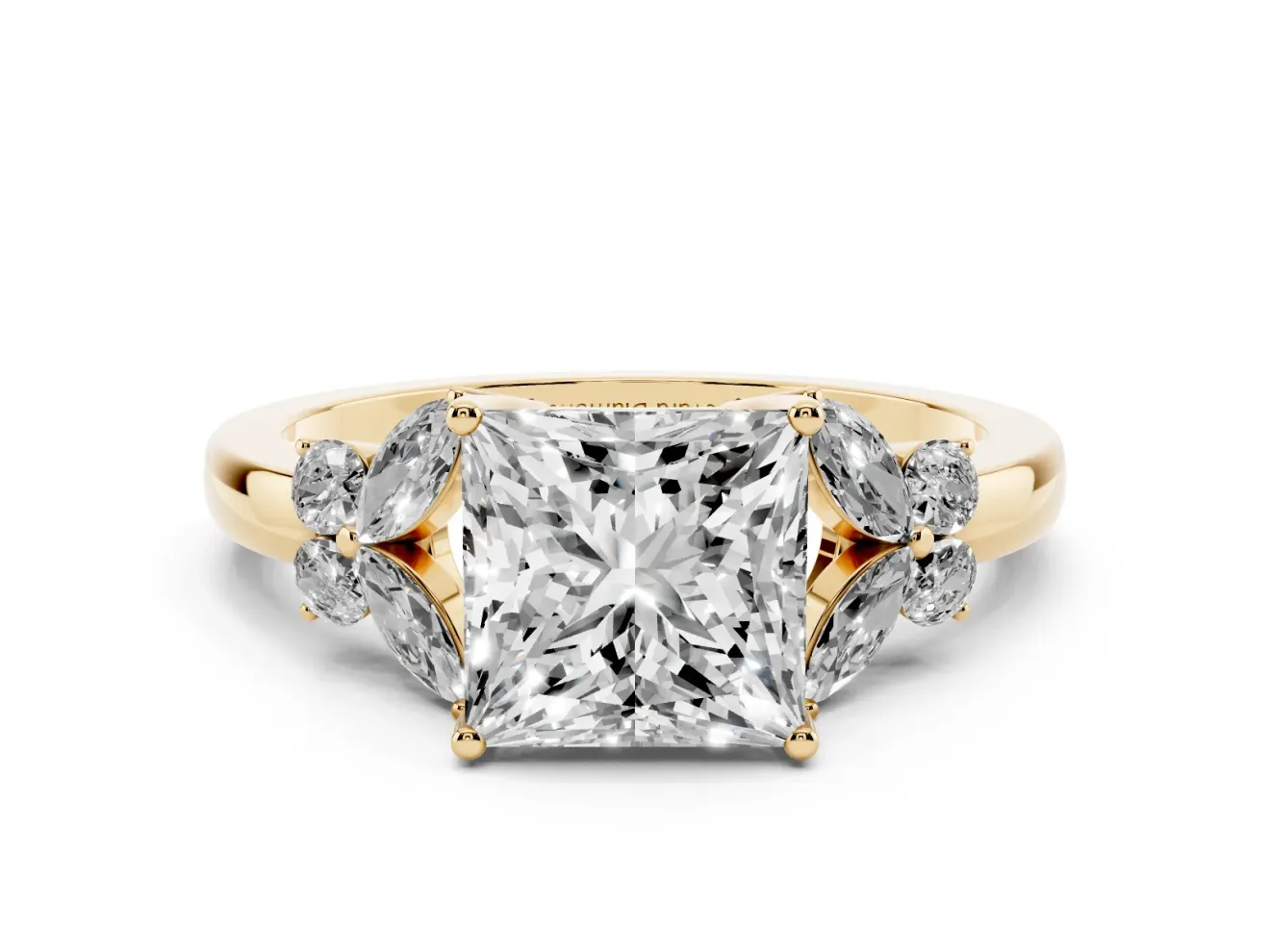 Princess Cut Diamond Solitaire Floral Ring Set in Yellow gold with Marquise Petals and Prong Setting