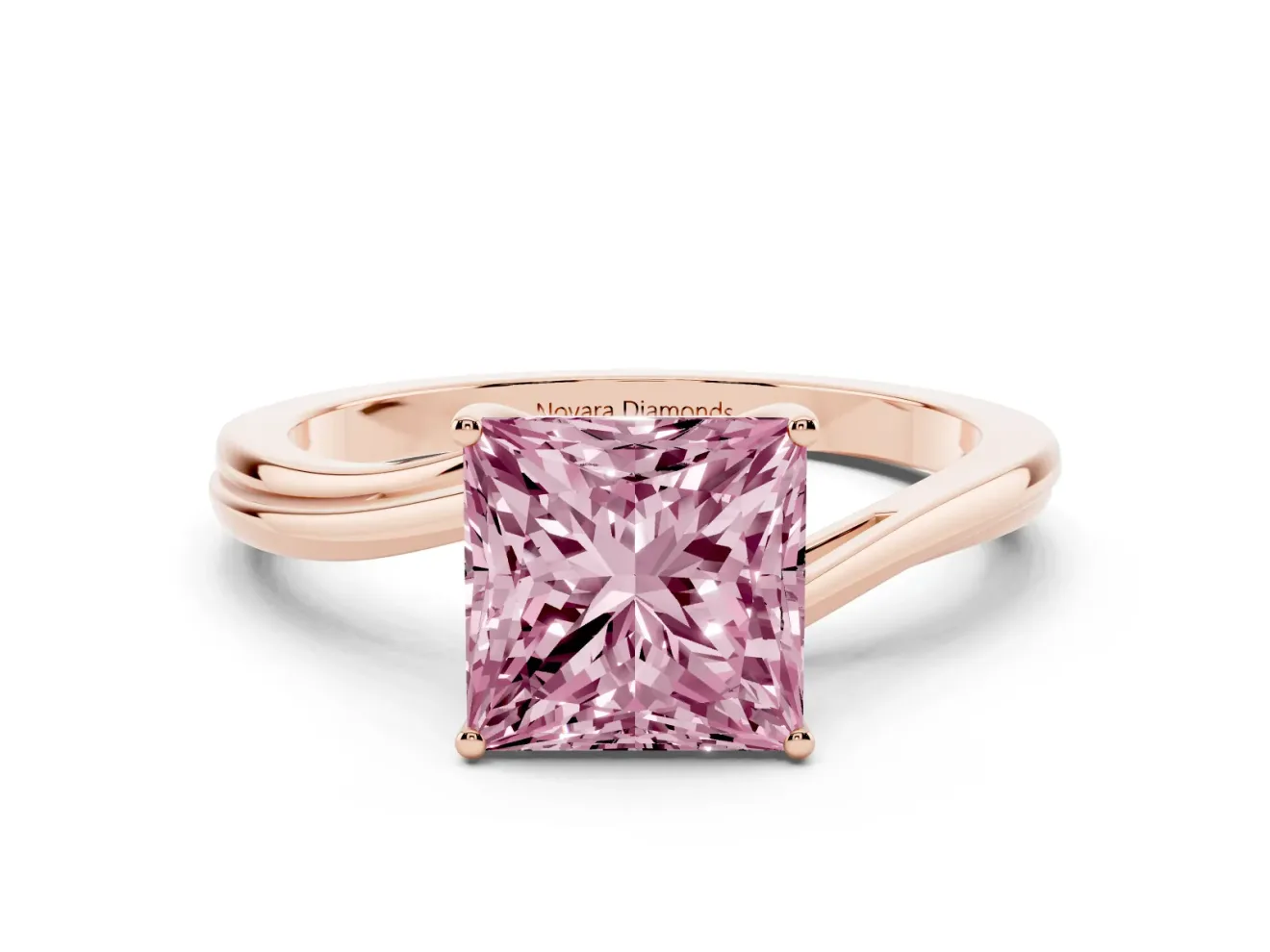 Fancy Pink Princess Cut Diamond Solitaire Twist Band Ring Set in Rose gold with Prong Setting