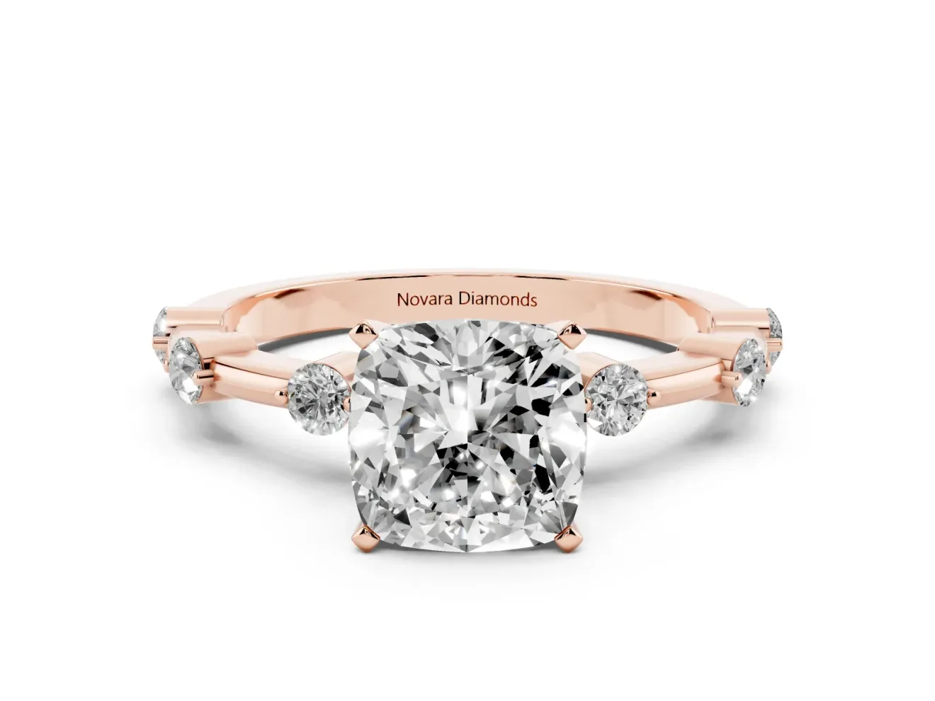 Cushion Cut Diamond Solitaire Ring Set in Rose gold with Bezel Set Side Stones and Prong Setting
