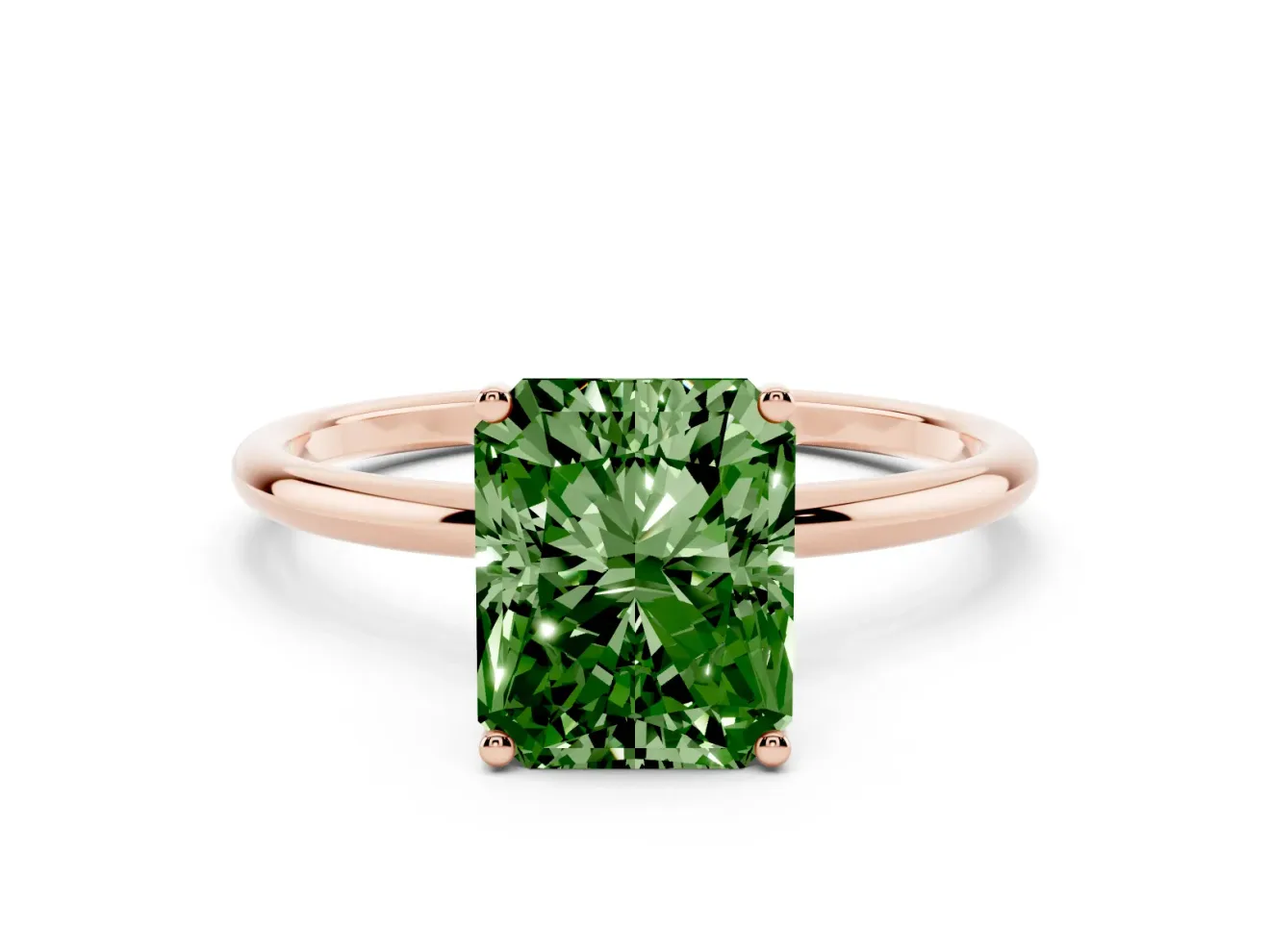 Fancy Green Radiant Cut Diamond Solitaire Engagement Ring Set in Rose gold with Thin Band and Prong Setting