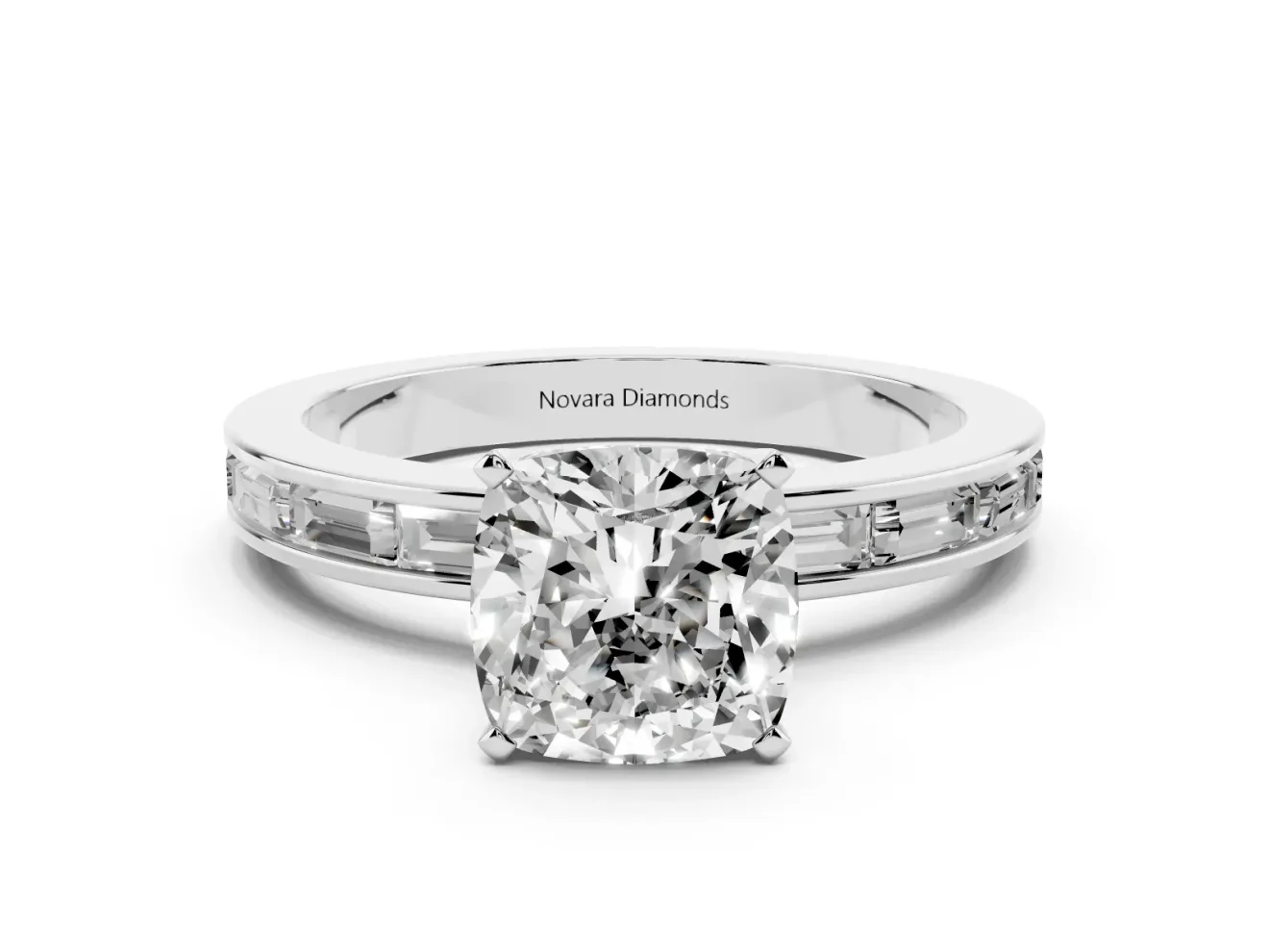 Cushion Cut Channel Set Engagement Ring Setting | Baguette Side Stones | Platinum