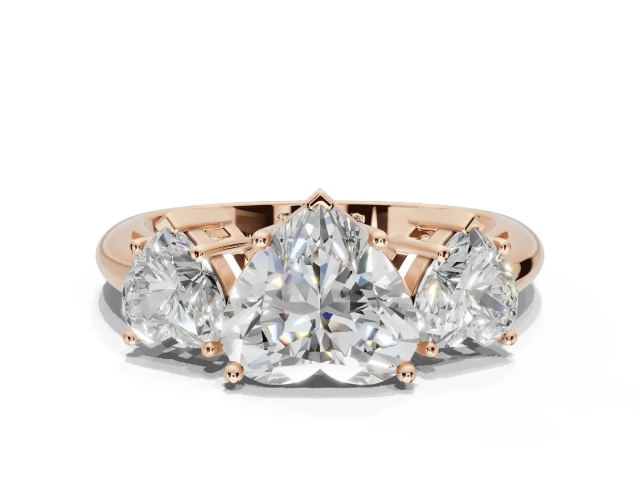 Heart-Shaped Three Stone Engagement Ring Setting | Plain Band | Rose Gold