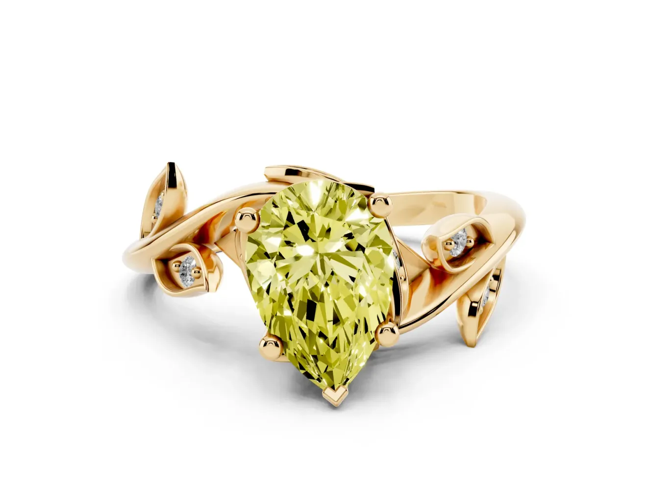 Fancy Yellow Pear Cut Diamond Solitaire Twist Engagement Ring Set in Yellow gold with Pavé Leaf Accents
