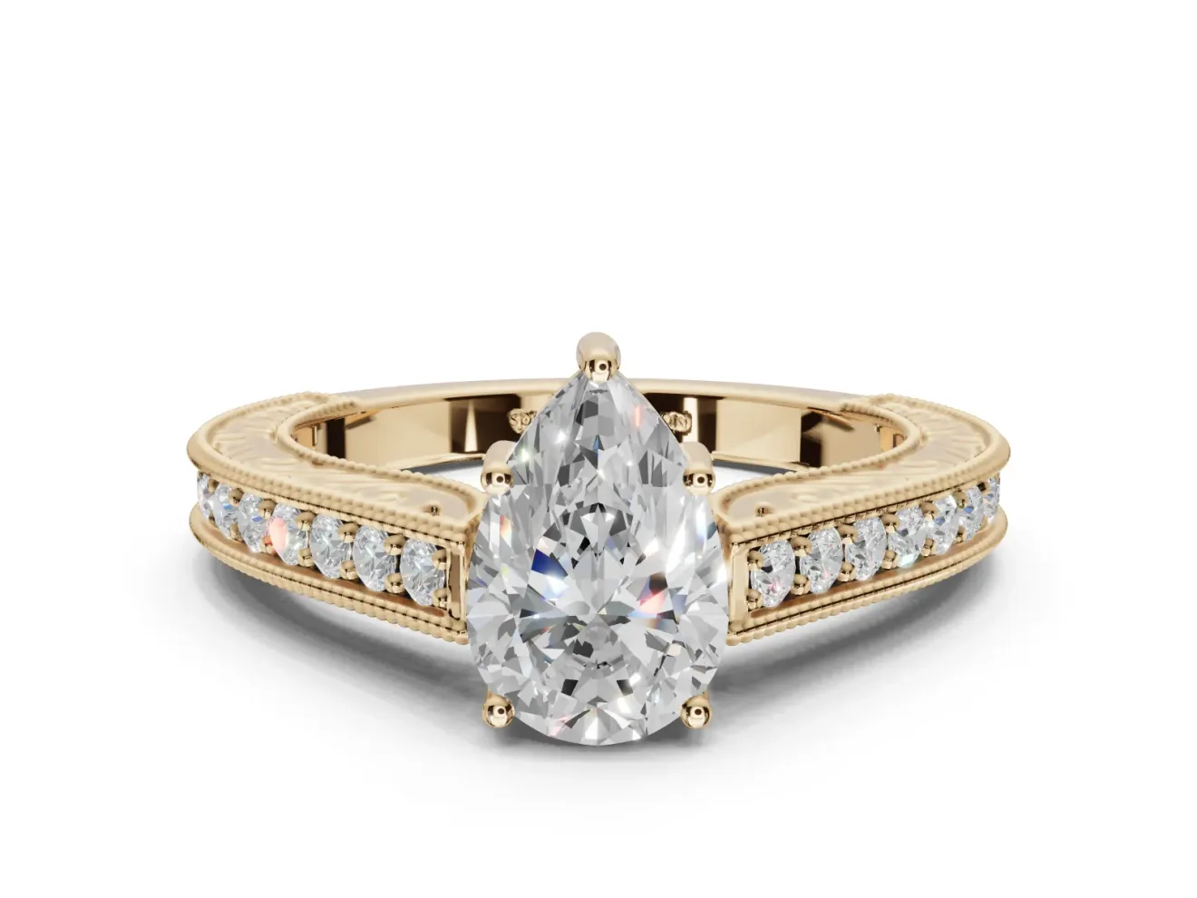 Pear-Shaped Vintage Engraved Pavé Engagement Ring Setting | Milgrain Edges | Yellow Gold
