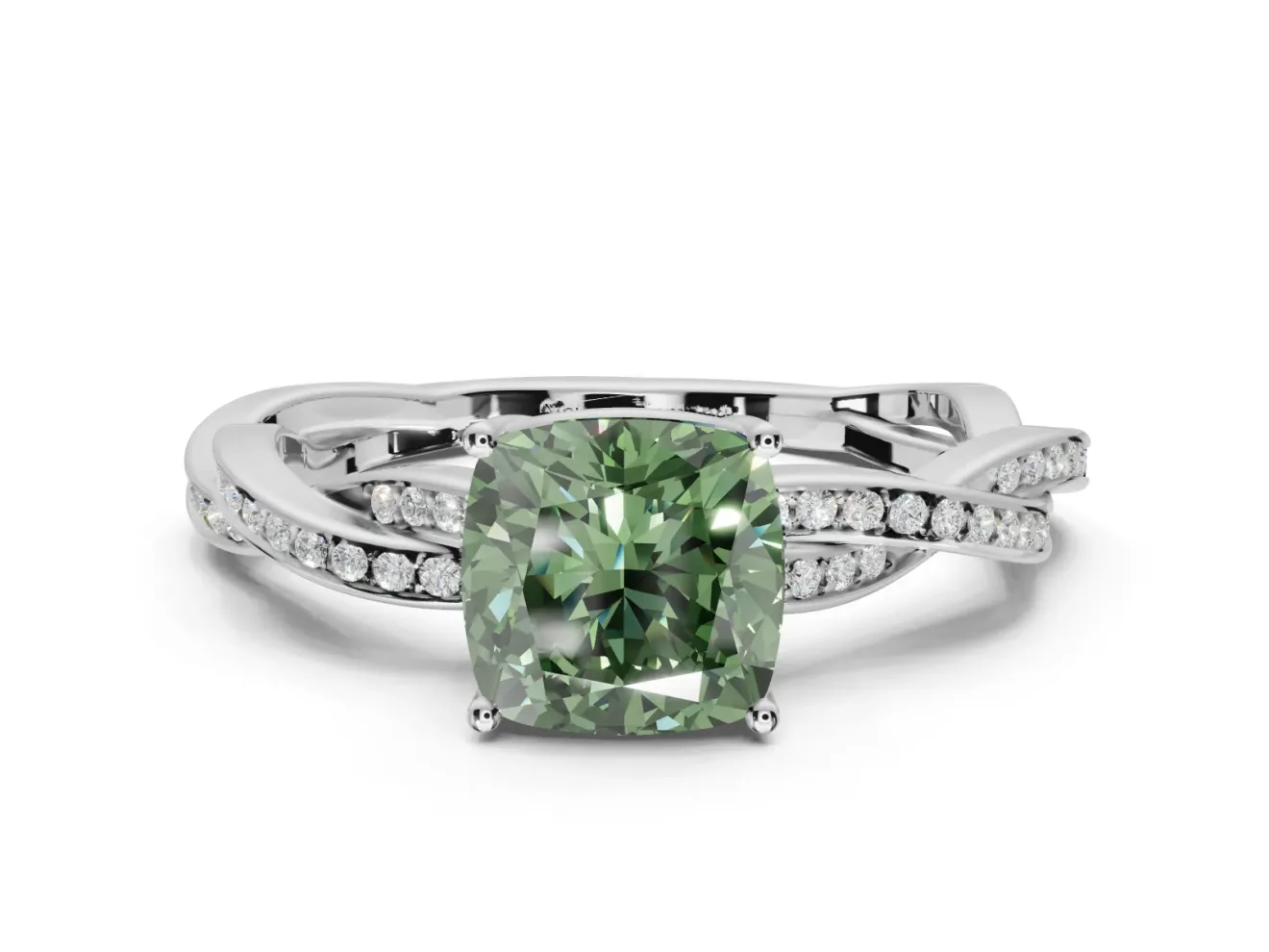 Cushion Cut Twisted Pavé Solitaire Engagement Ring Setting for a Fancy Green Lab-Grown Diamond | Open Basket | Platinum