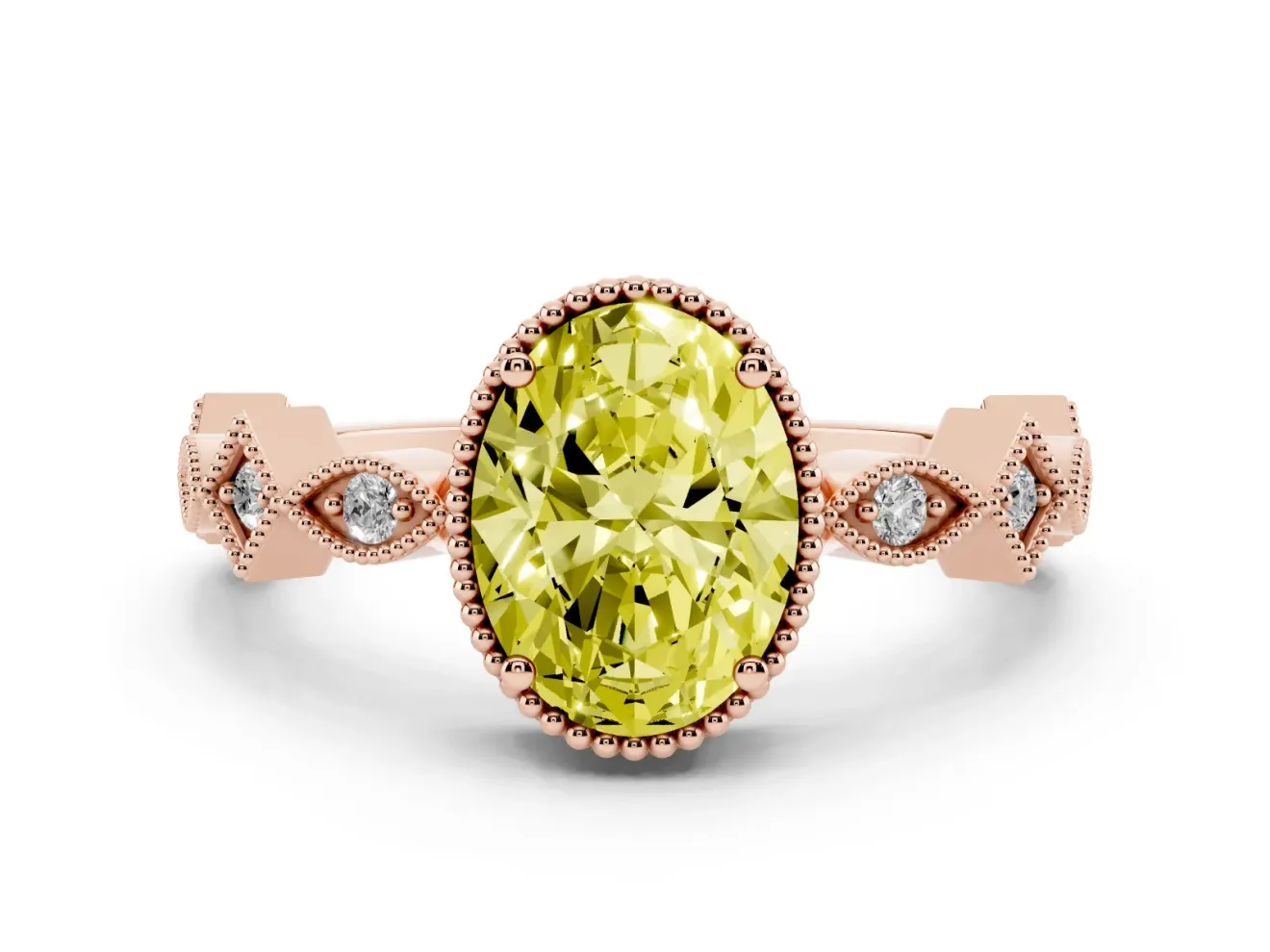 Fancy Yellow Oval Cut Diamond Milgrain Marquise Twist Band Ring Set in Rose gold with Prong Setting