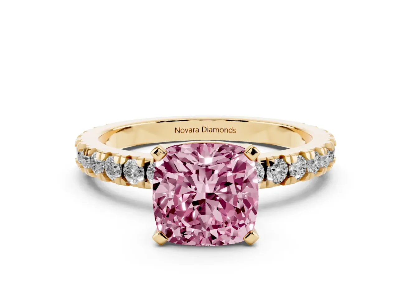 Fancy Pink Cushion Cut Diamond Pavé Band Solitaire Set in Yellow gold with Prong Setting