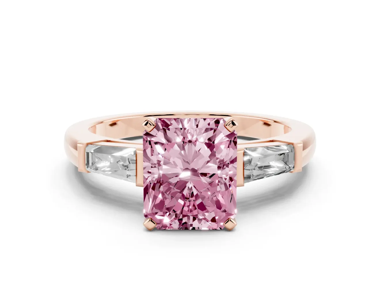 Fancy Pink Radiant Cut Diamond Solitaire Ring Set in Rose gold with Tapered Baguette Side Stones and Prong Setting