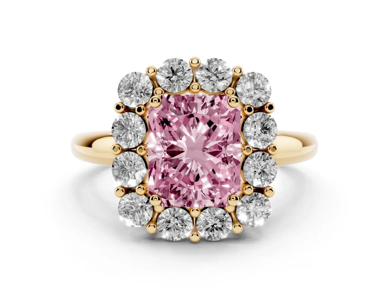 Radiant Cut Cluster Halo Engagement Ring Setting for a Fancy Pink Lab-Grown Diamond | Large Round Accents | Yellow Gold