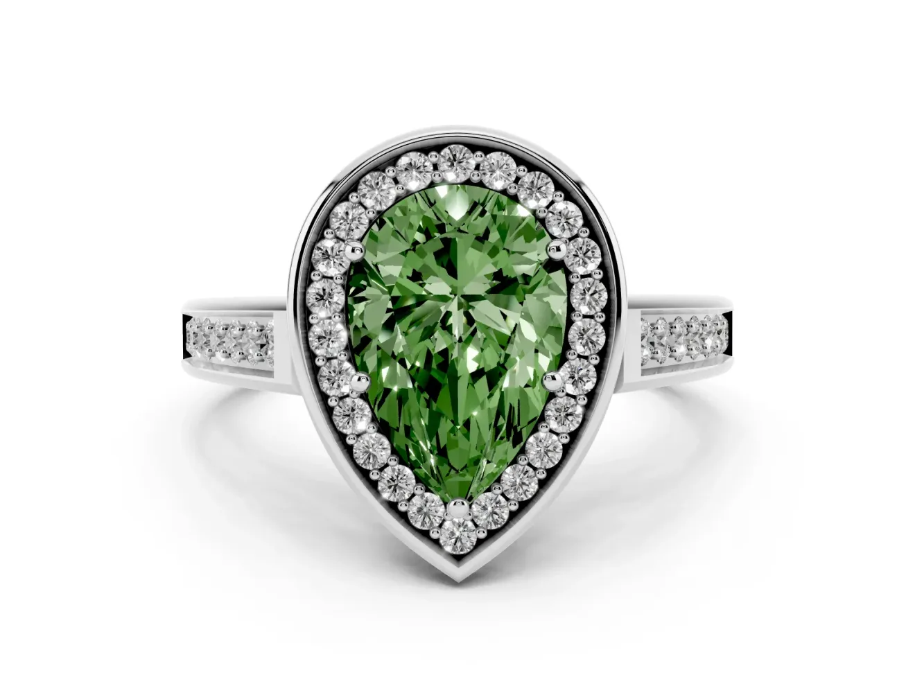 Fancy Green Pear Cut Diamond Halo Solitaire Ring Set in White gold with Pavé Band and Bezel Setting