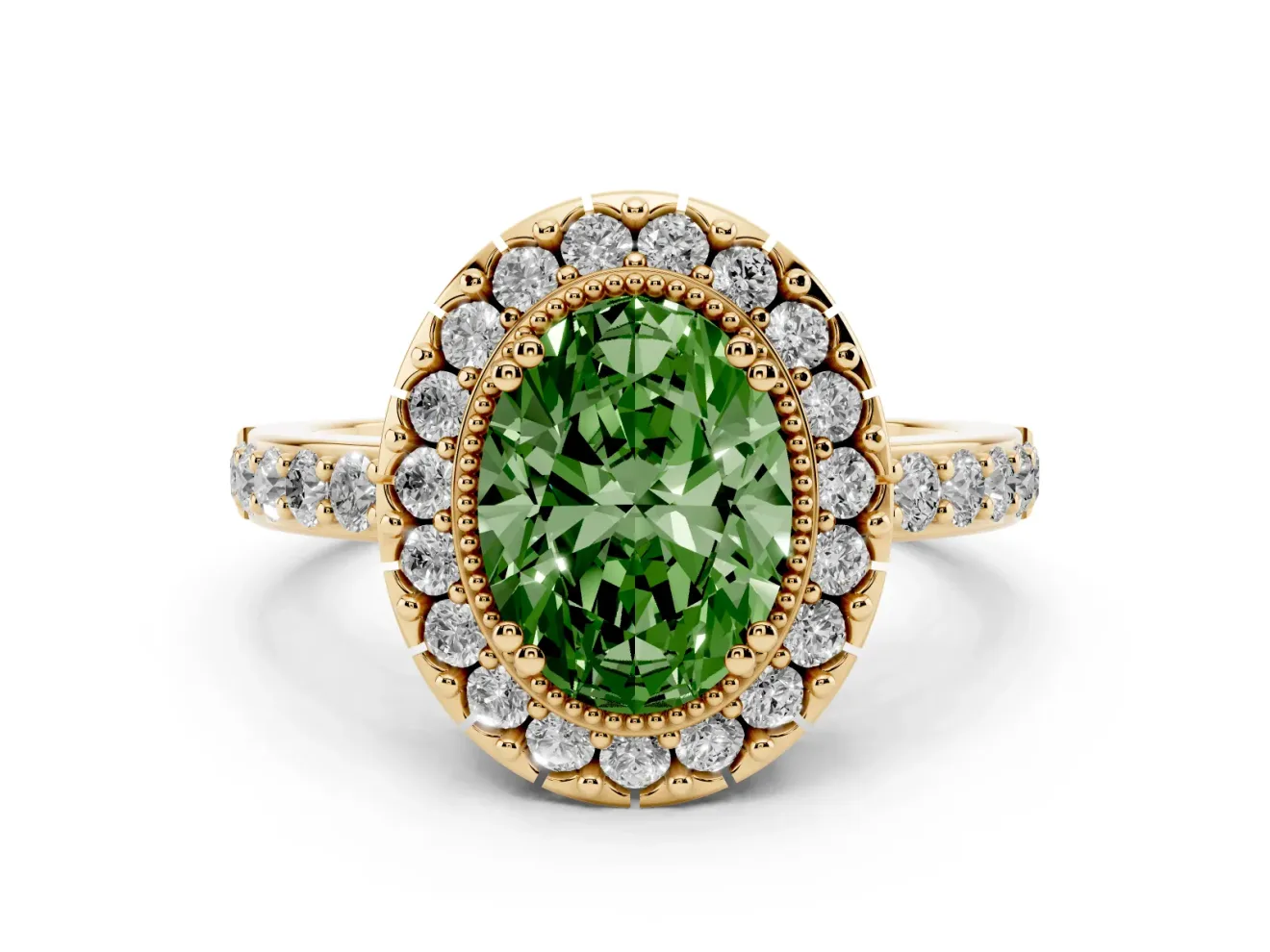 Fancy Green Oval Cut Diamond Halo Ring Set in Yellow gold with Pavé Shank and Prong Setting