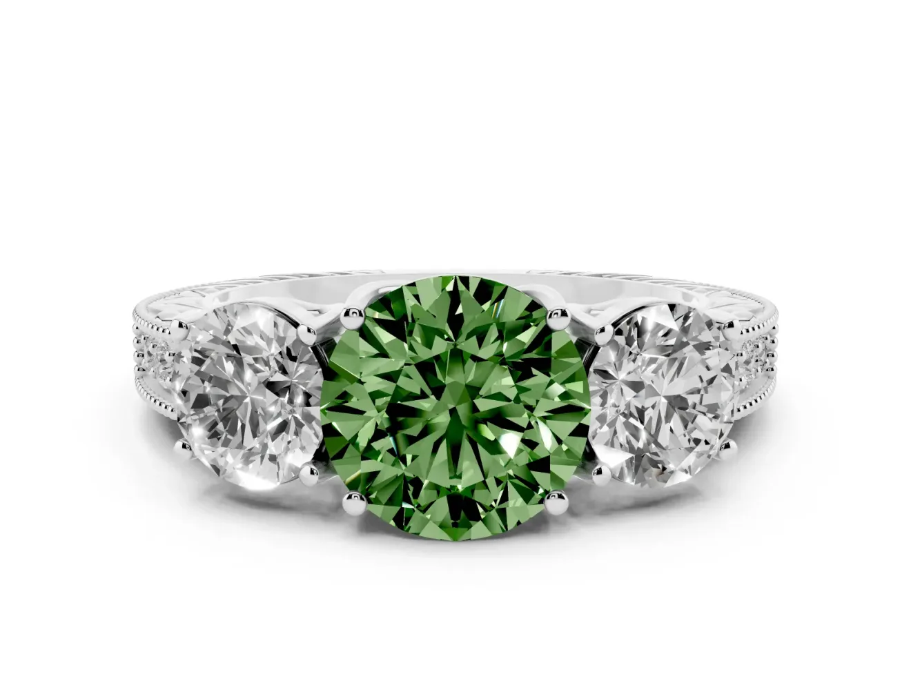 Round Vintage Three Stone Engagement Ring Setting for a Fancy Green Lab-Grown Diamond | Platinum