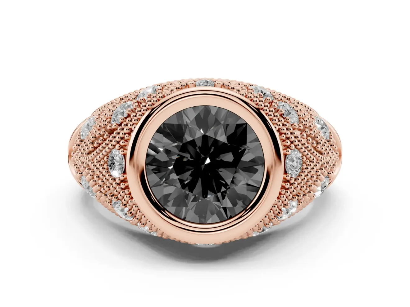Round Vintage Bezel Engagement Ring Setting for a Black Center | Milgrain Band | Rose Gold