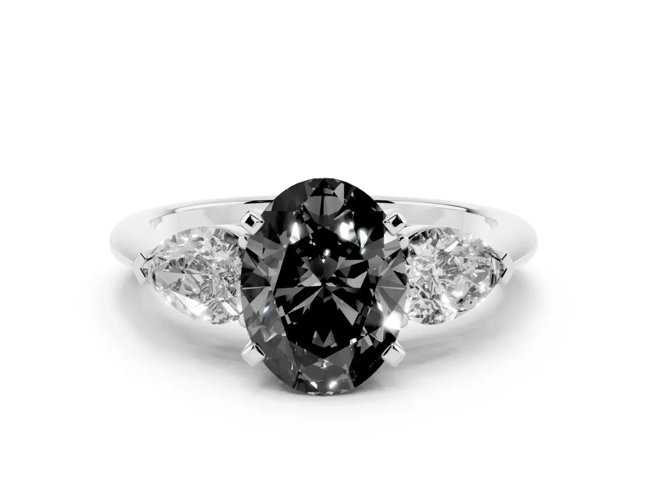 Fancy Black Three-Stone Oval Cut Diamond Ring Set in White gold with Pear Side Stones and Prong Setting