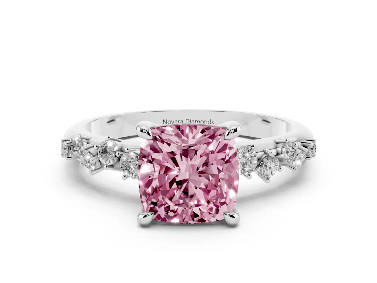 Fancy Pink Cushion Cut Diamond Solitaire Vine Band Ring Set in Silver with Round Accents and Prong Setting