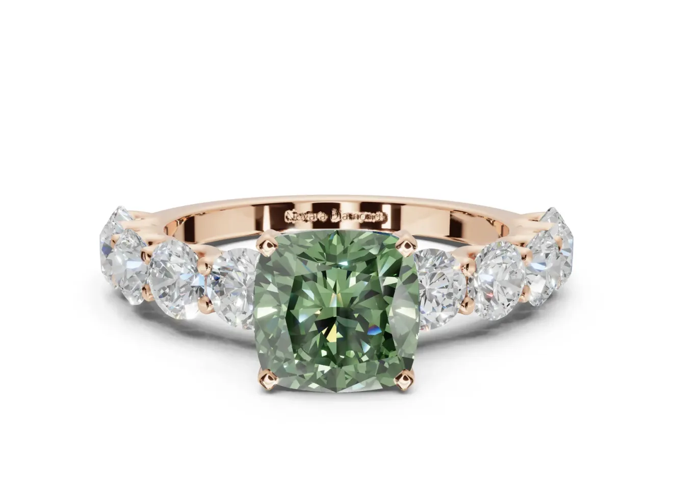 Cushion Cut Side Stone Engagement Ring Setting for a Fancy Green Lab-Grown Diamond | Scalloped Prong Accents | Rose Gold