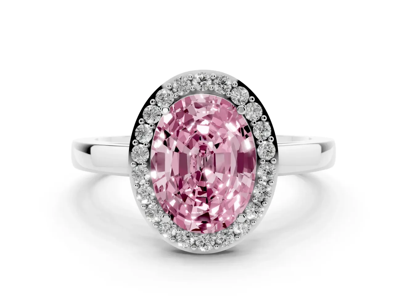 Fancy Pink Oval Cut Diamond Halo Ring Set in Silver with Solitaire Band and Prong Setting