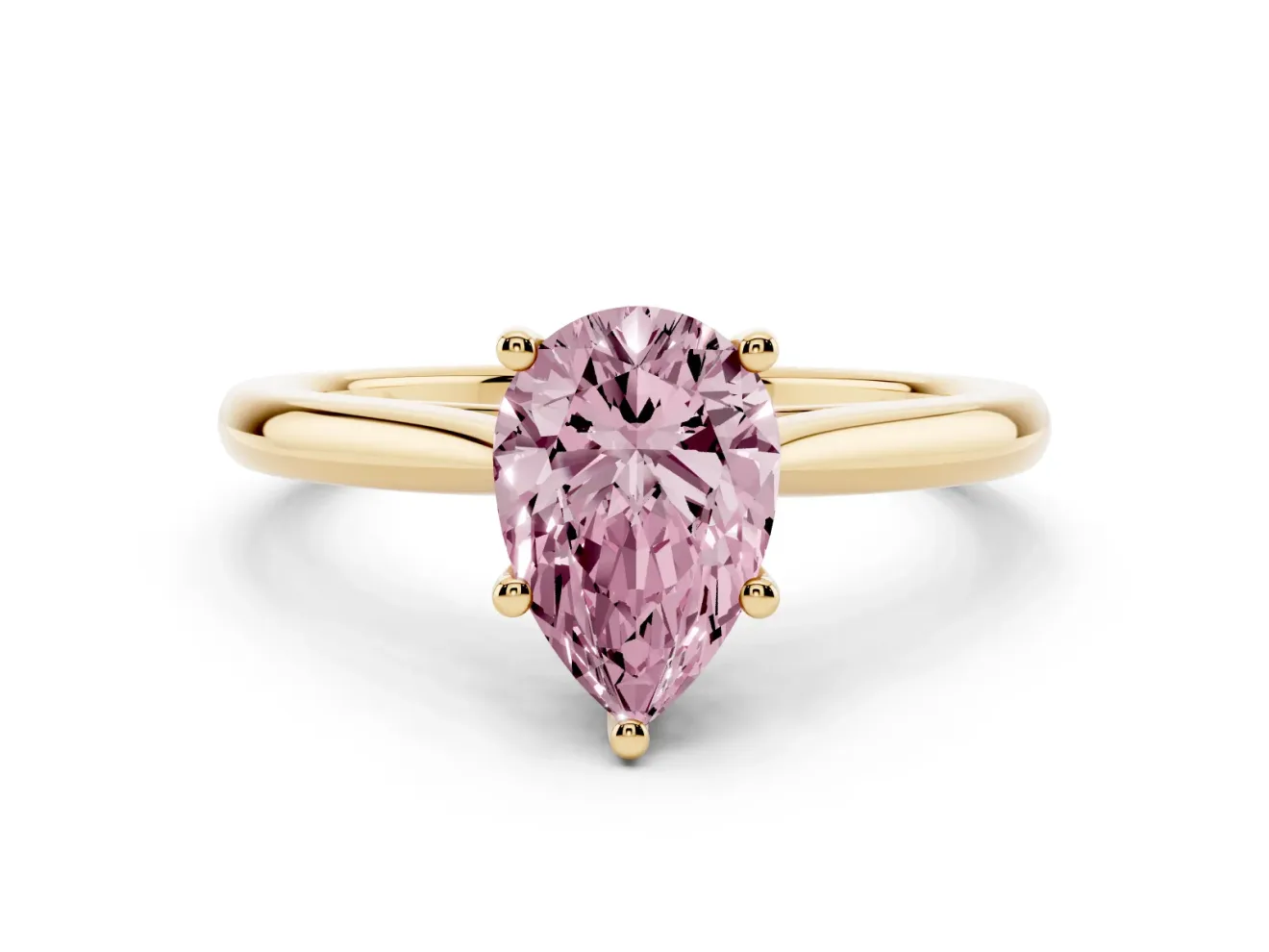 Fancy Pink Pear Cut Diamond Solitaire Ring Set in Yellow gold with Cathedral Band and Prong Setting