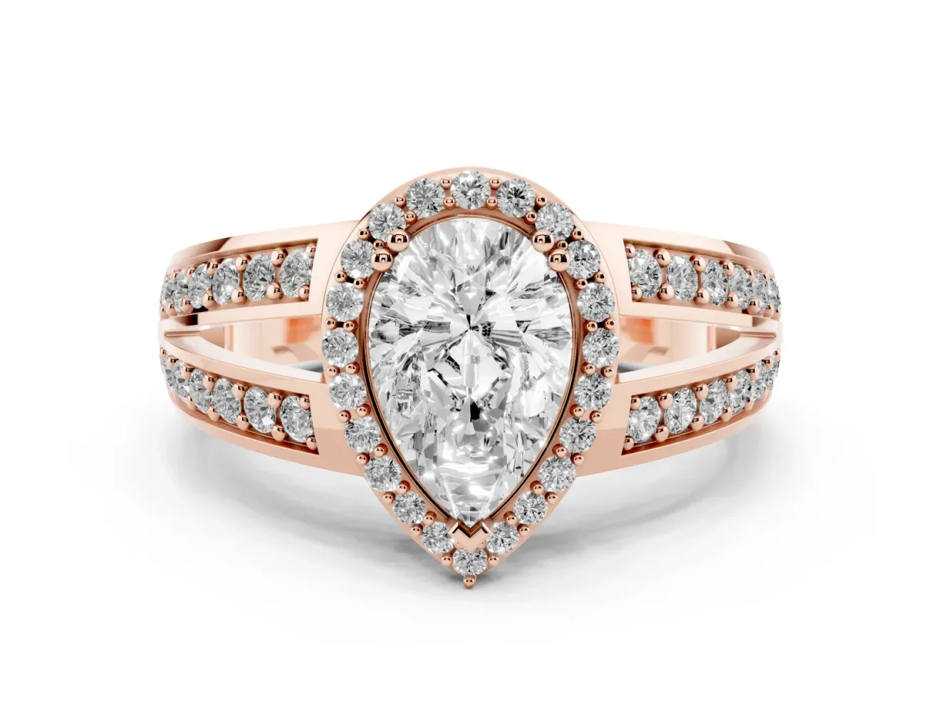 Pear-Shaped Halo Engagement Ring Setting | Two-Row Pave Split Shank | Rose Gold
