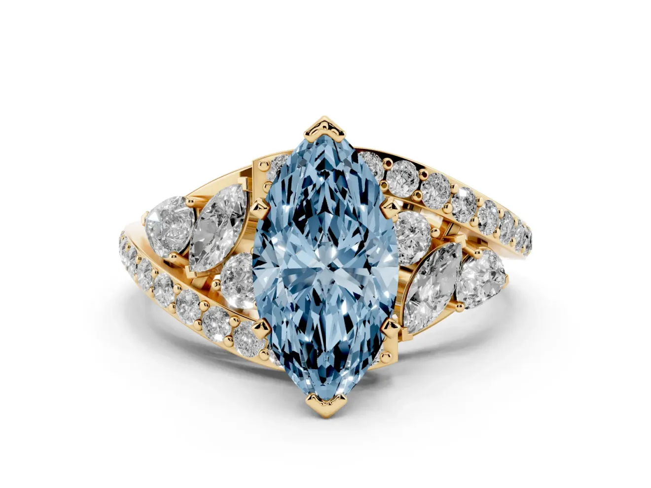 Marquise Bypass Pavé Engagement Ring Setting for a Fancy Blue Lab-Grown Diamond | Yellow Gold