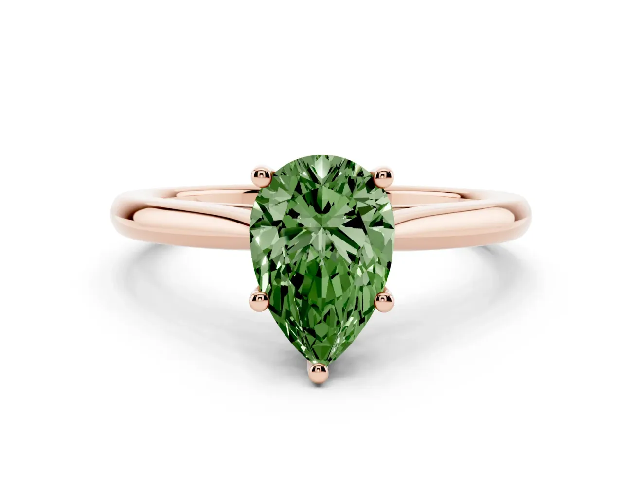 Fancy Green Pear Cut Diamond Solitaire Ring Set in Rose gold with Cathedral Band and Prong Setting