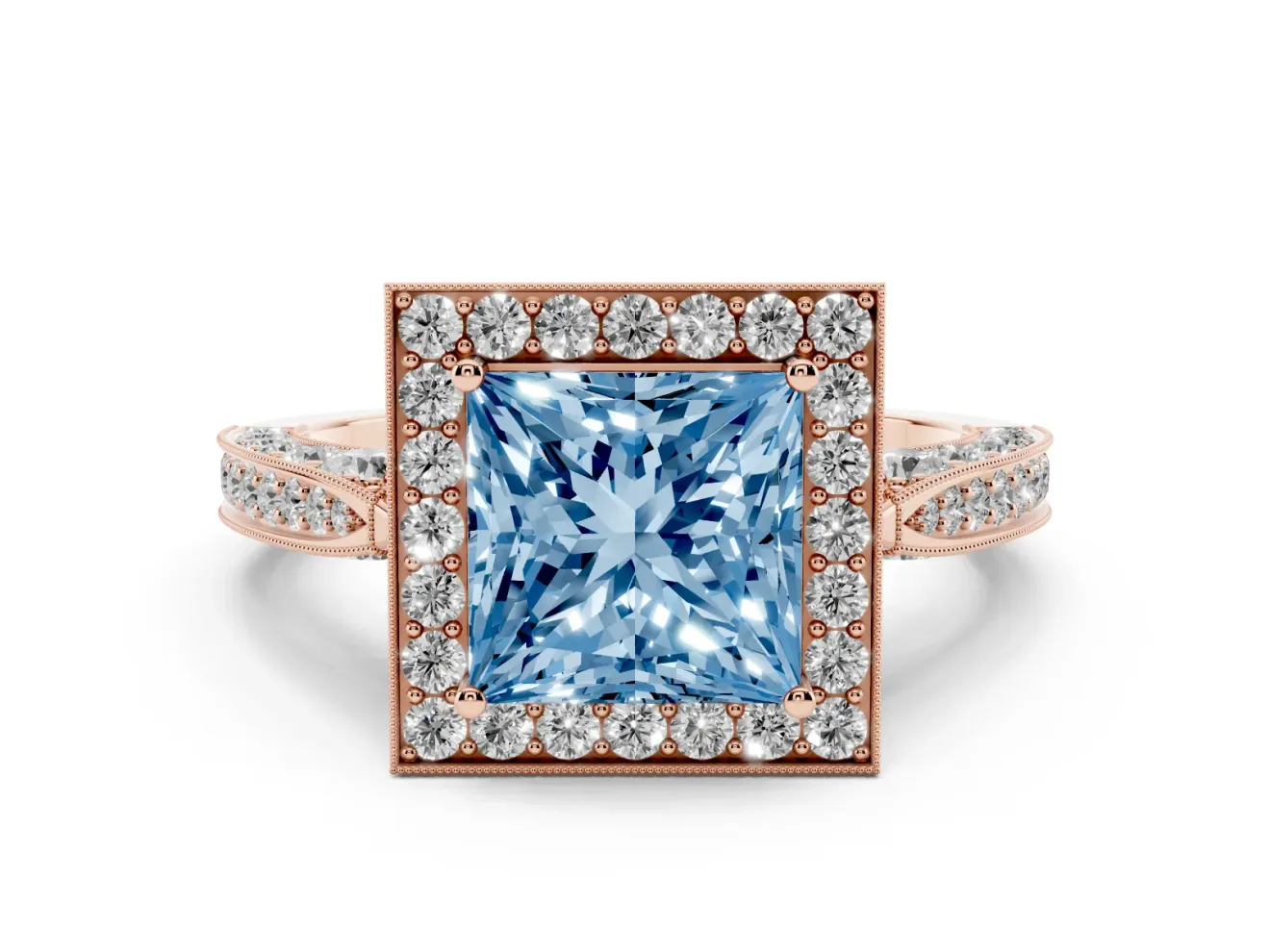 Princess Cut Milgrain Halo Engagement Ring Setting for a Fancy Blue Lab-Grown Diamond | Side Stones | Rose Gold