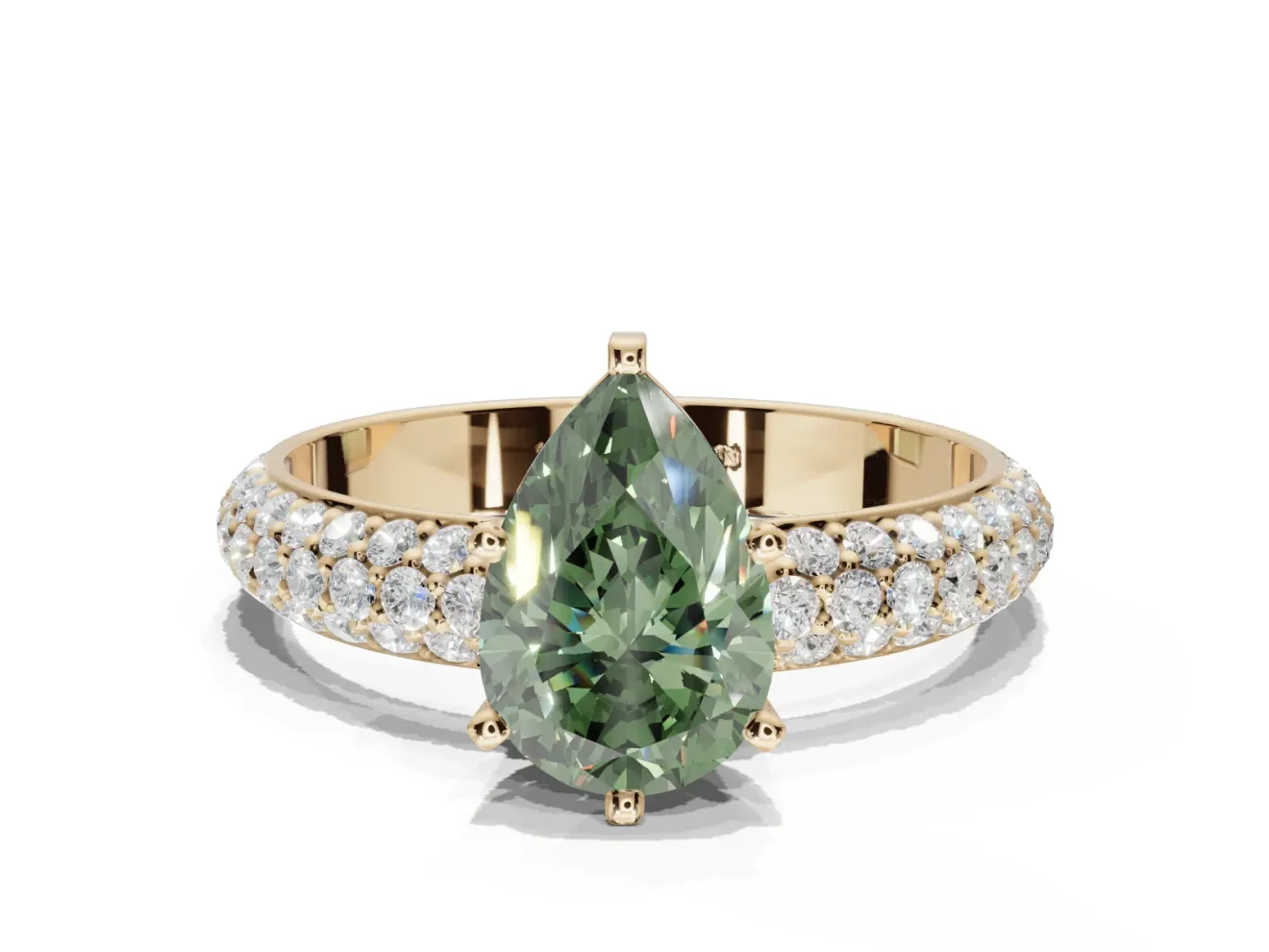 Pear-Shaped Domed Pavé Engagement Ring Setting for a Fancy Green Lab-Grown Diamond | Yellow Gold