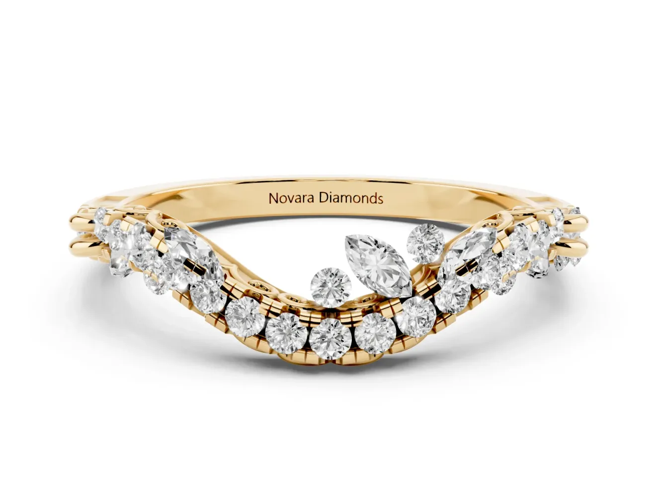 Round Diamond Curved Wedding Band Set in Yellow gold with Pavé Shared Prong Setting