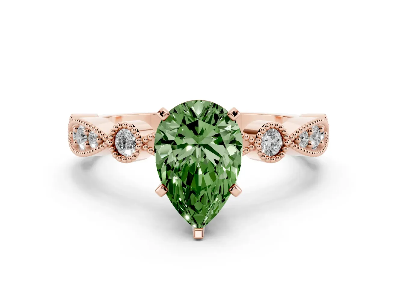 Fancy Green Pear Cut Diamond Solitaire Engagement Ring Set in Rose gold with Milgrain Bezel Accent Band