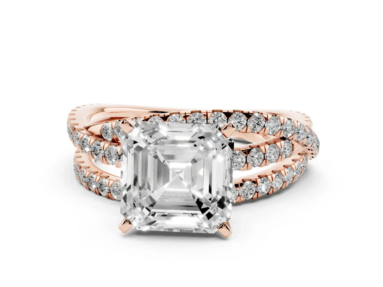 Asscher Cut Diamond Solitaire Twist Band Ring Set in Rose gold with Pavé Setting and Prong Head