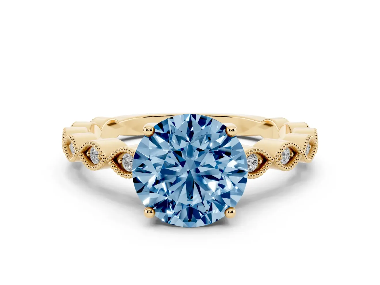 Round Milgrain Solitaire Engagement Ring Setting for a Fancy Blue Lab-Grown Diamond | Yellow Gold
