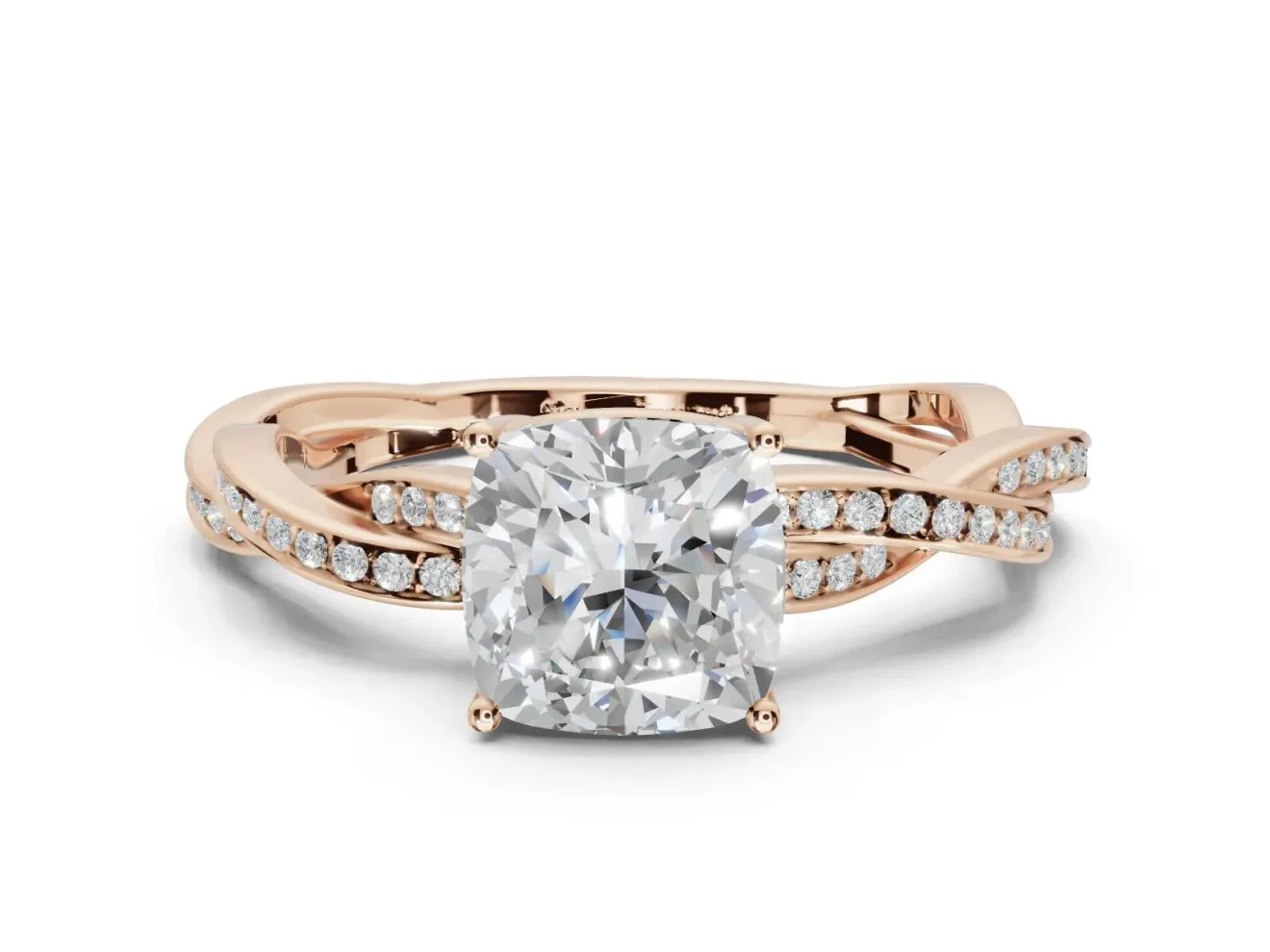 Cushion Cut Twisted Pavé Solitaire Engagement Ring Setting | Open Basket | Rose Gold