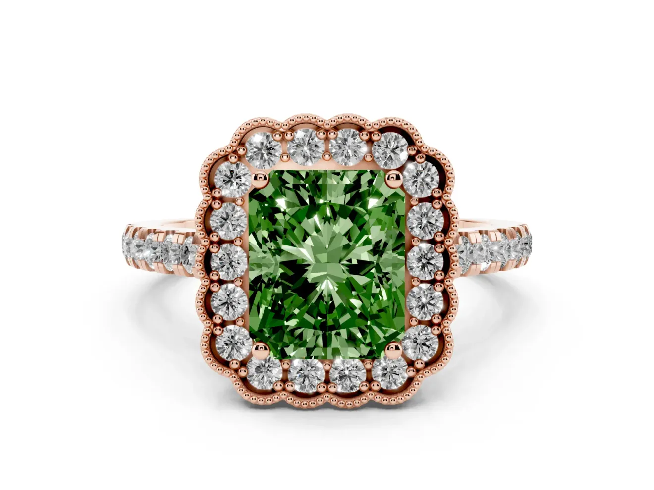Fancy Green Radiant Cut Diamond Milgrain Floral Halo Engagement Ring Set in Rose gold with Pavé Band