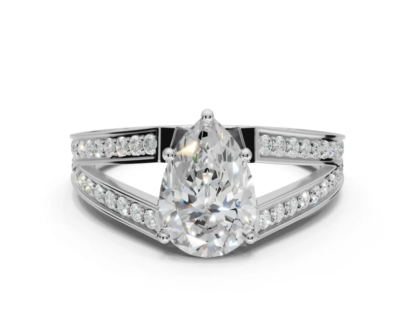 Pear-Shaped Split Shank Pavé Engagement Ring Setting | Engraved Leaf Sides | Platinum