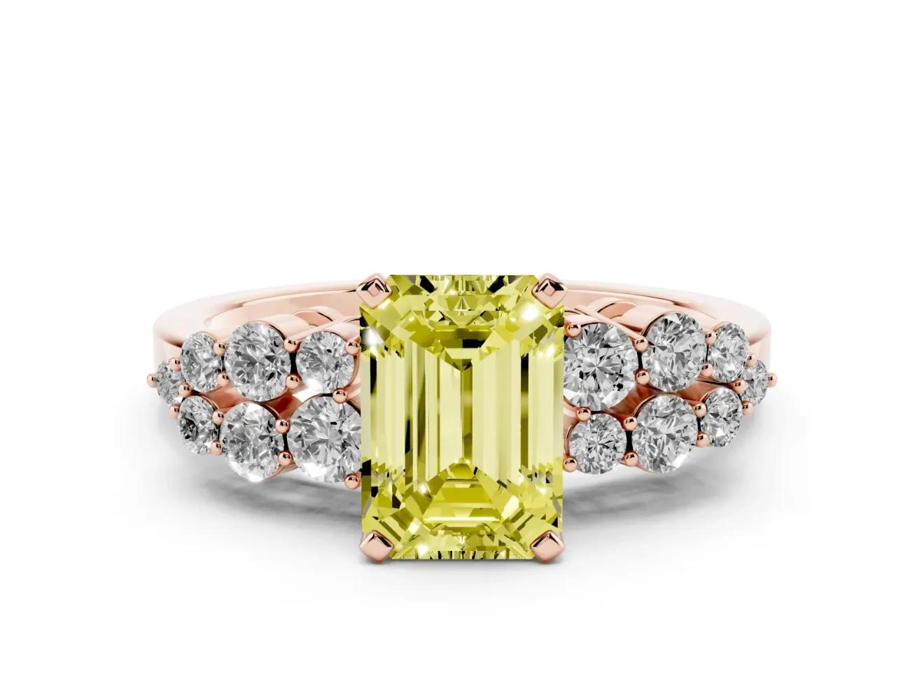 Fancy Yellow Emerald Cut Diamond Cluster Engagement Ring Set in Rose gold with Pavé Band and Prong Setting