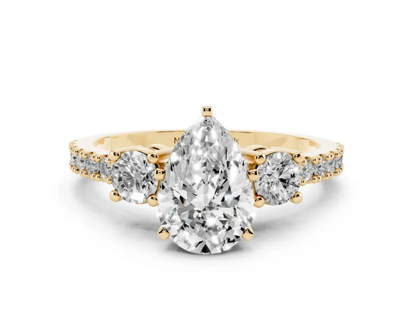 Pear-Shaped Three Stone Pavé Engagement Ring Setting | Round Side Stones | Yellow Gold
